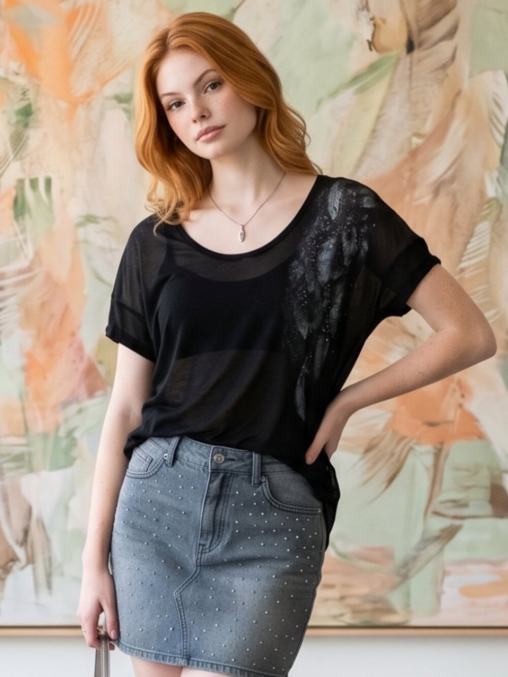 Rock & Republic Black Feather Sparkly Graphics Short Sleeve Semi-Sheer Top NWOT